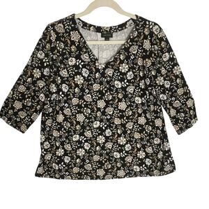 J Jill‎ Wearever Large Floral V-Neck Top Black Beige 3/4 Sleeve Stretch Rayon